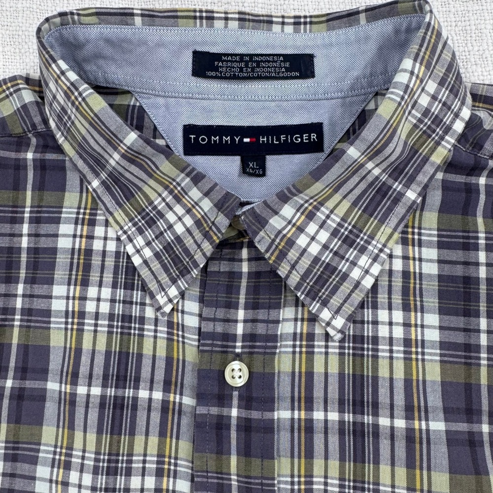 Tommy Hilfiger Mens XL‎ Short Sleeve Plaid Button Down Shirt Purple Green Cotton